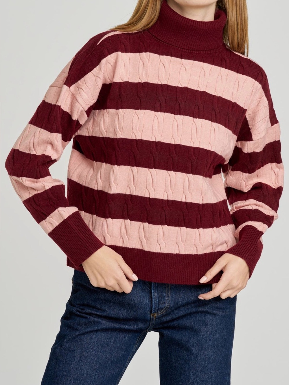 Wayf Striped Cable-Knit Turtleneck Sweater - Pink & Burgundy